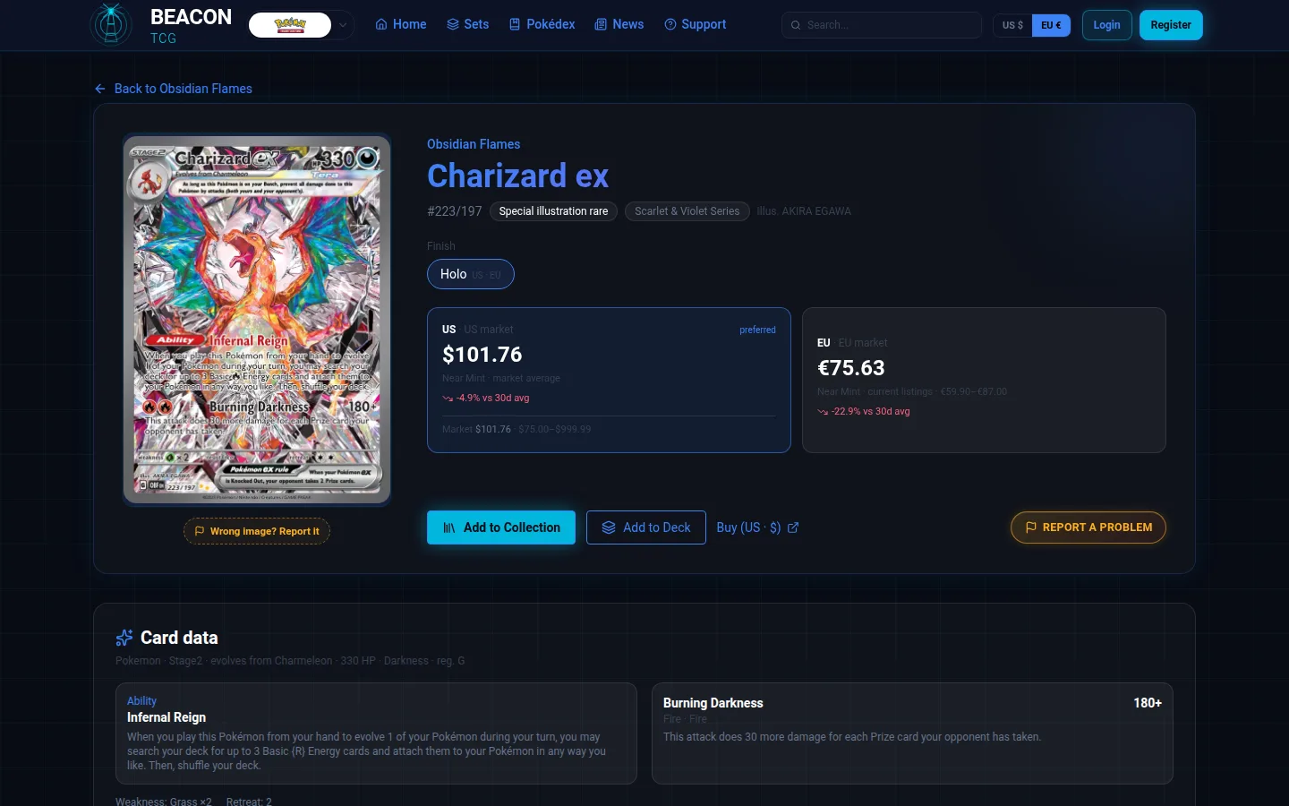 Beacon TCG card page: US and EU market prices for the same physical card