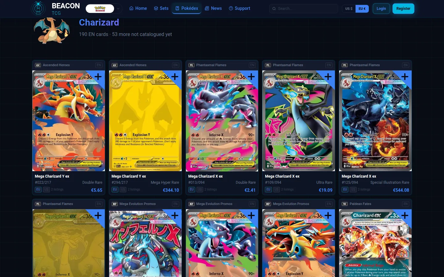 The Pokédex view: every printed card of a Pokémon, in the same order as the catalogue.