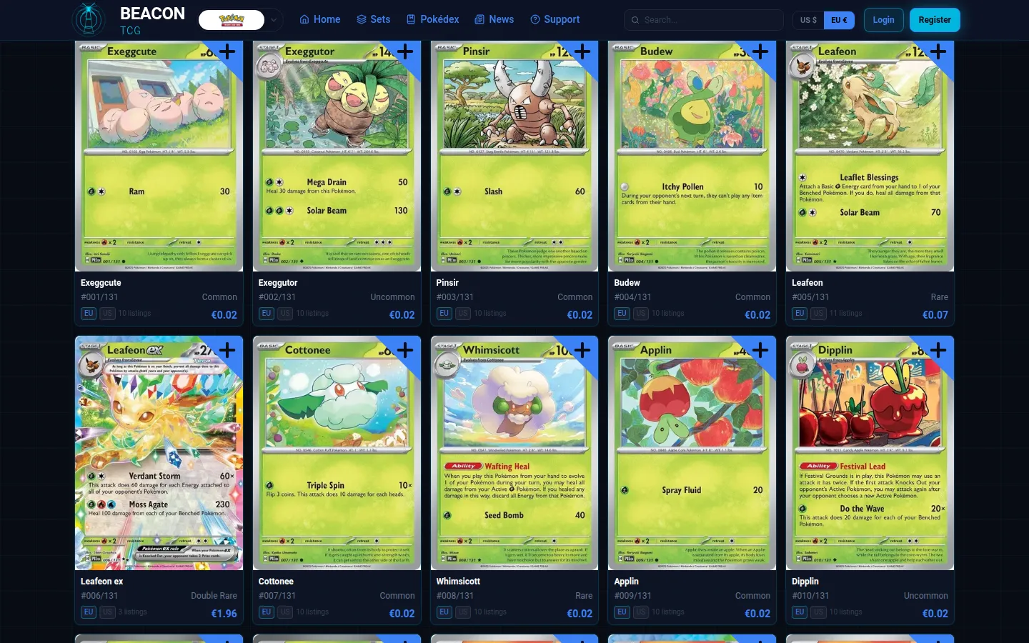 A set page: one tile per physical card with both markets and the price in your preferred market.
